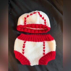 Hand-Knitted Red and White Baseball Baby Hat and Diaper Cover Set